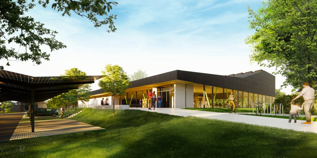 Der Eingangsbereich zum neuen Hallenbad der VG Rhein-Selz (Visualisierung zur Verfügung gestellt von den 4a Architekten Stiuttgart)