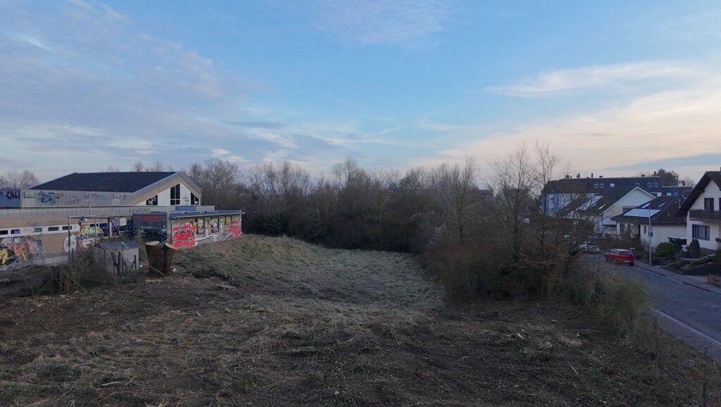 Rund um das alte Hallenbad der VG Rhein-Selz wurden am 21. Februar Bäume gefällt und Gestrüpp und Bewuchs gerodet, um den Zugang für den Abriss des Gebäudes freizumachen. (Foto: Andreas Lerg)