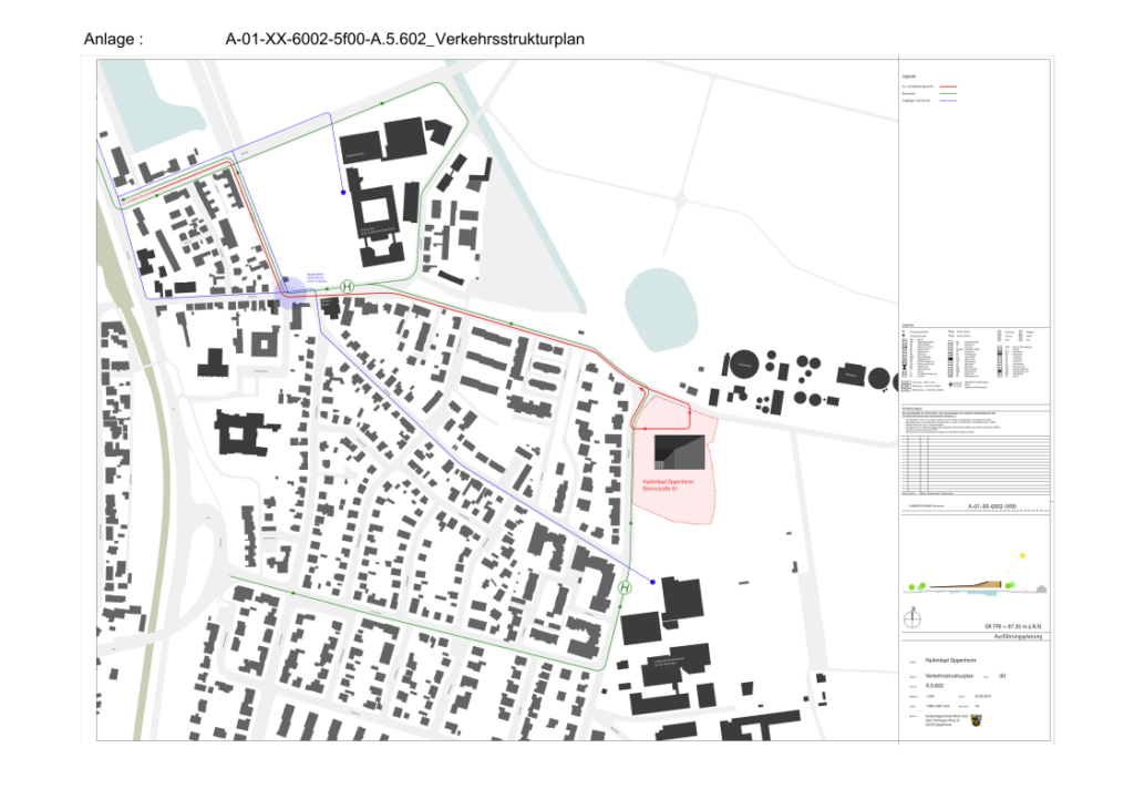 Dieser Plan stellt die Verkehrsführung während der Bauphase des Hallenbades der VG Rhein-Selz dar.